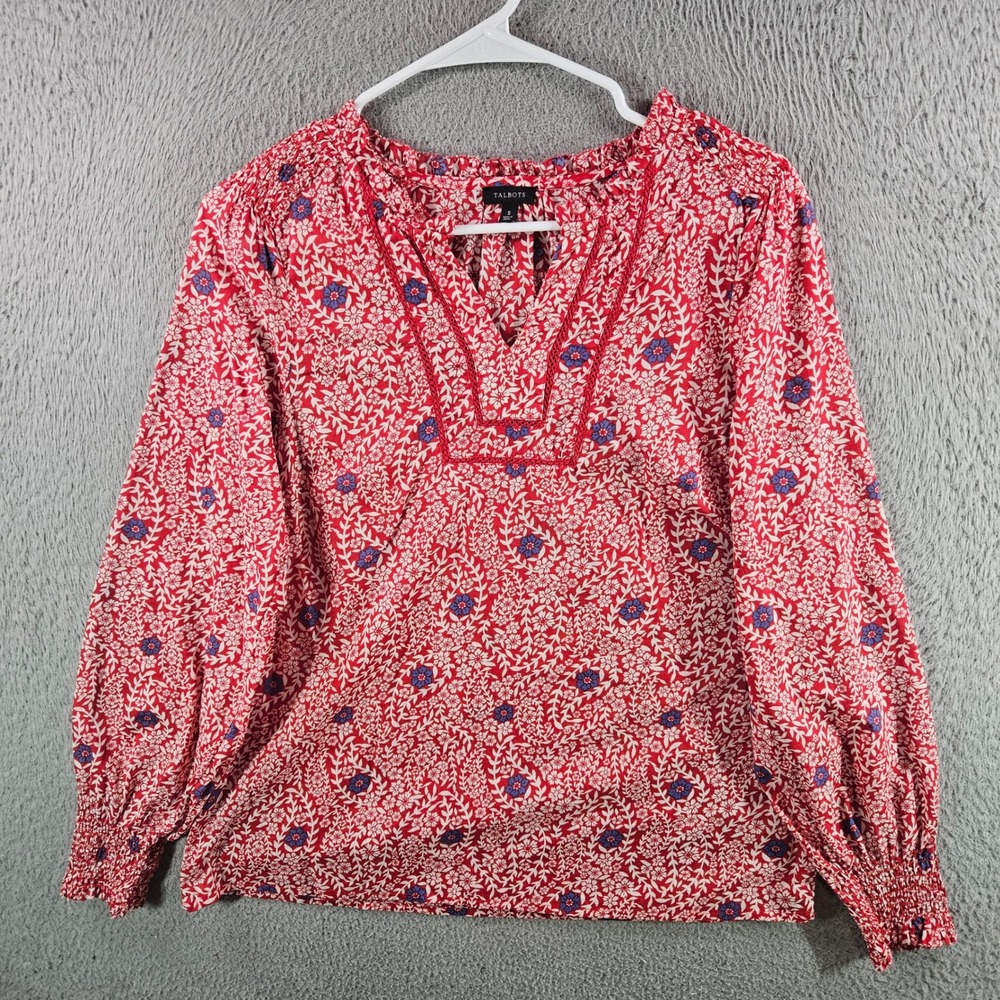 Talbots Womens Red Floral Split Neck Cotton Blouse Smocked Cuff Top Small